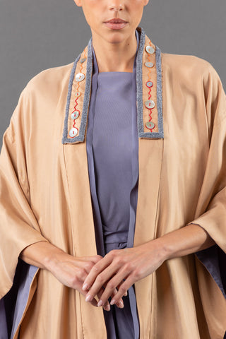 Long Button Kimono Set (Beige/Blue)