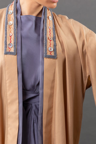 Short Button Kimono Set (Beige/Blue)
