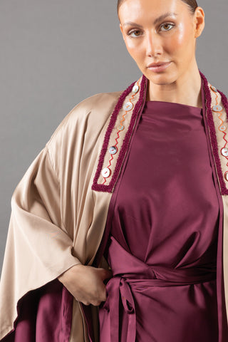 Short Button Kimono Set (Beige/Burgundy)